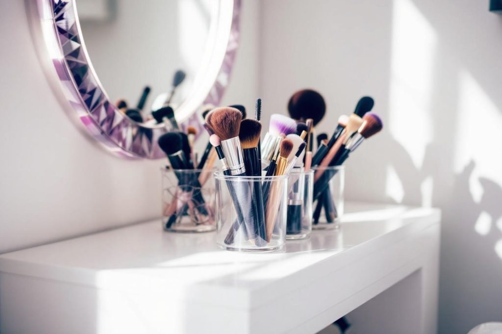 Collection de pinceaux de maquillage devant un miroir