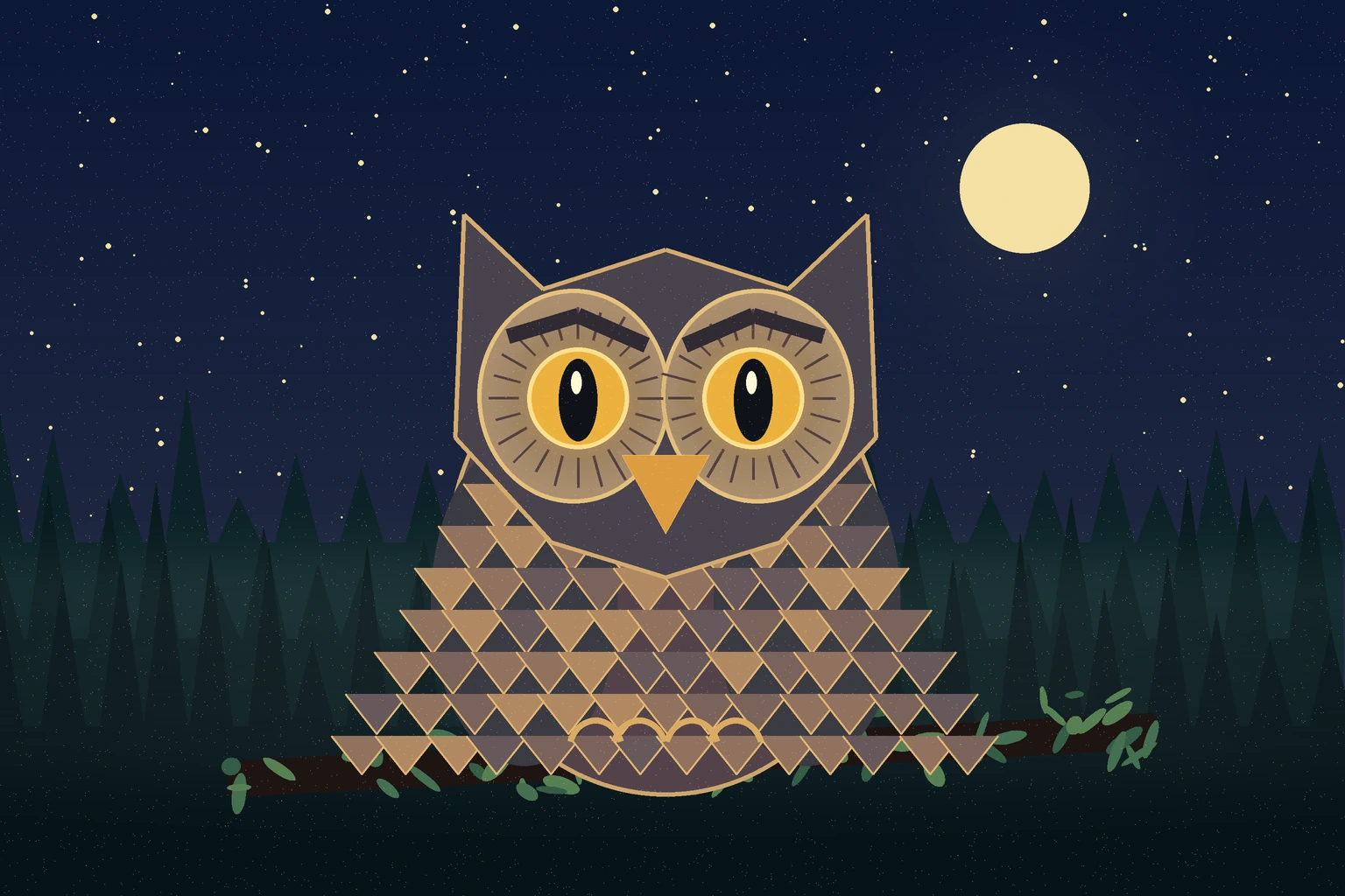 Illustration originale d’une chouette symbolique dans une forêt nocturne
