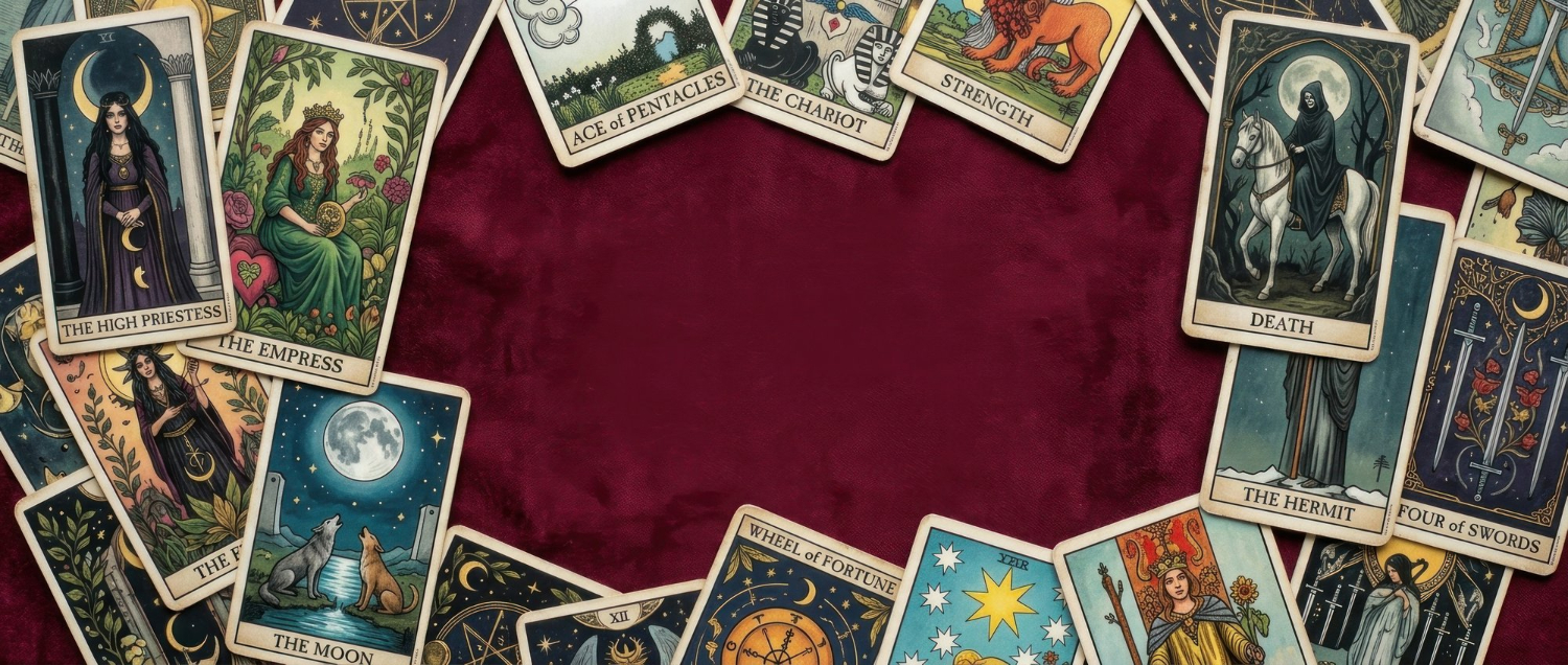 Cartes de tarot étalées sur un tissu en velours rouge foncé